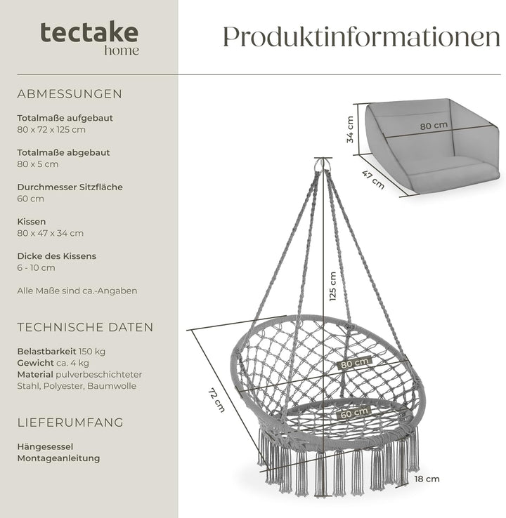 tectake Indoor und Outdoor Hängesessel, Terrassen und Balkonmöbel, Hängesessel mit Gestell, robuste