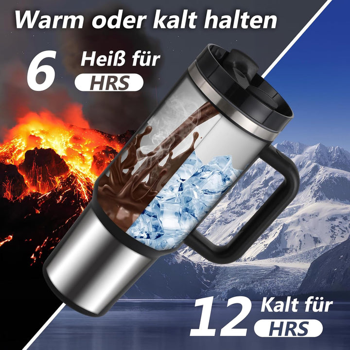 Praoahei 40oz Thermobecher mit Strohhalm und Henkel,1180 ML Doppelwandiger Edelstahl Heisse Kalte Ge