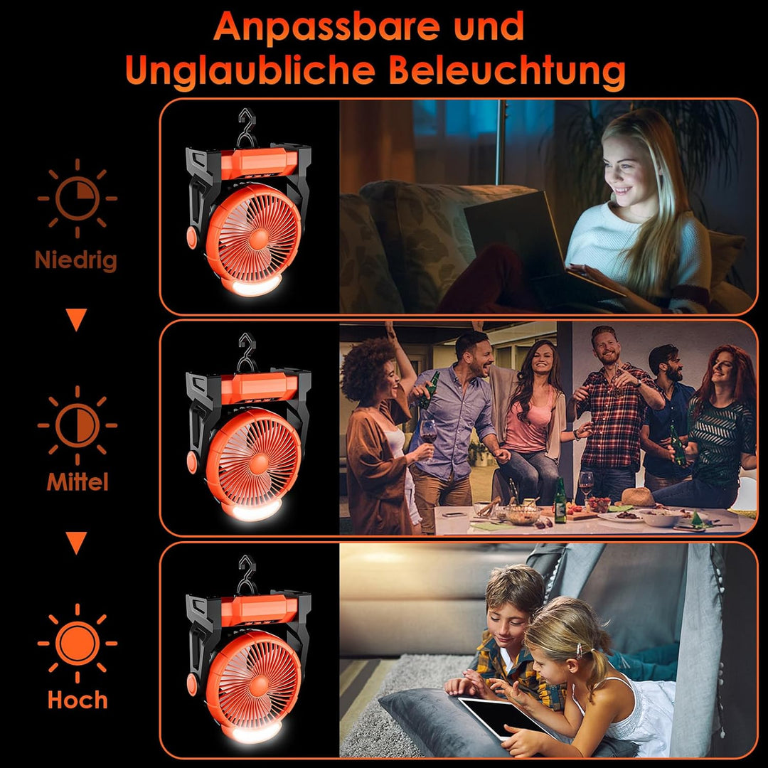 Dreamhigh® 15000mAh Akku Ventilator mit LED Lampe, Tragbarer Camping Ventilator, 3 Geschwindigkeiten