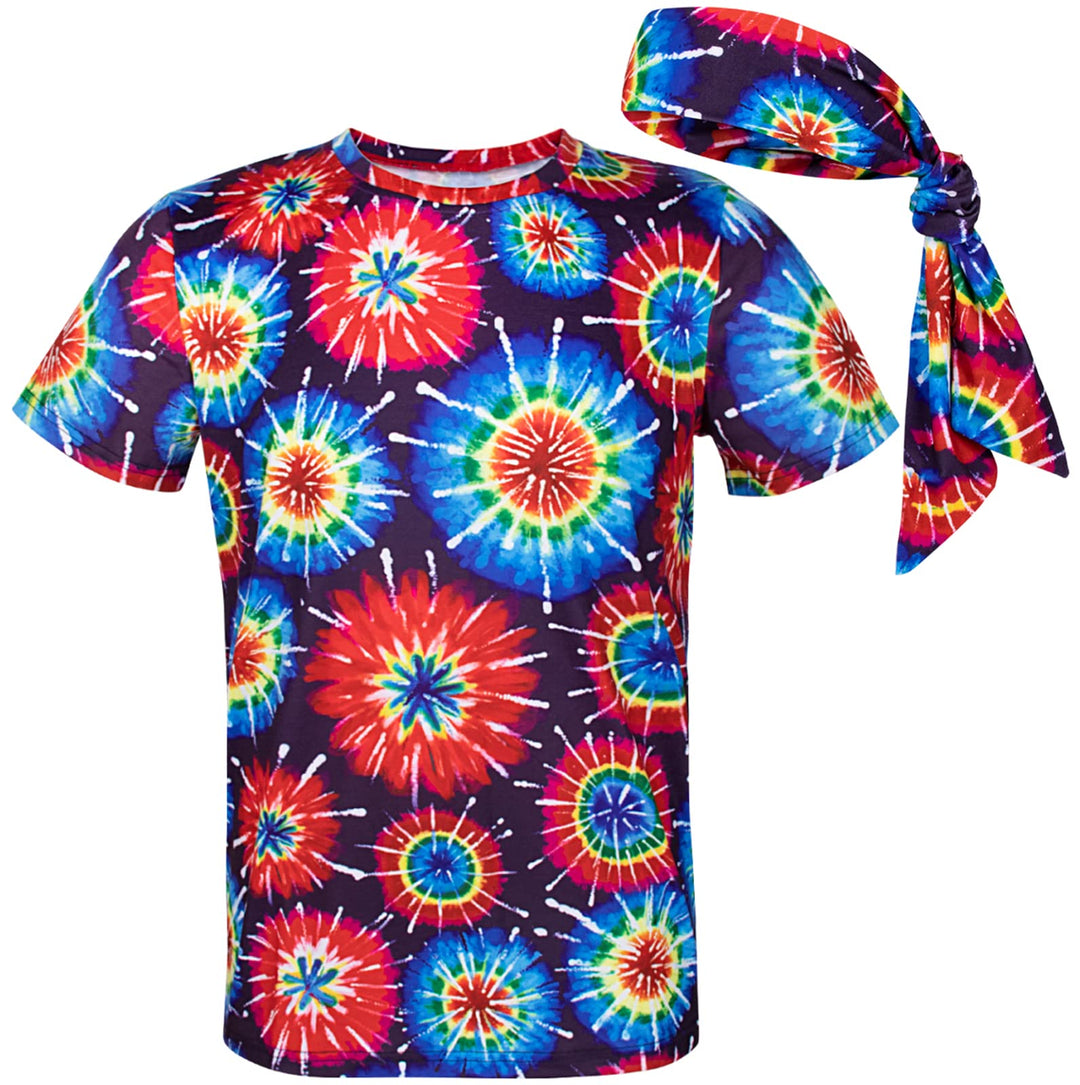 Herren 60er 70er Jahre Groovy Hippie Kostüm T-Shirts mit Stirnbänder M Mehrfarbig, M Mehrfarbig