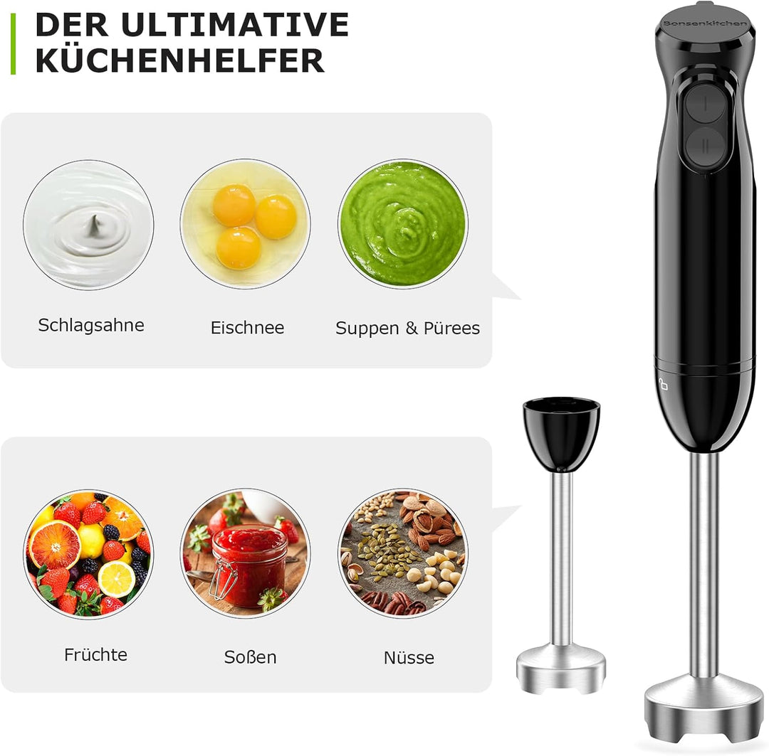 Bonsenkitchen Elektrischer Stabmixer Set, 1000W Pürierstab mit 700ml Messbecher, 2 Geschwindigkeitss