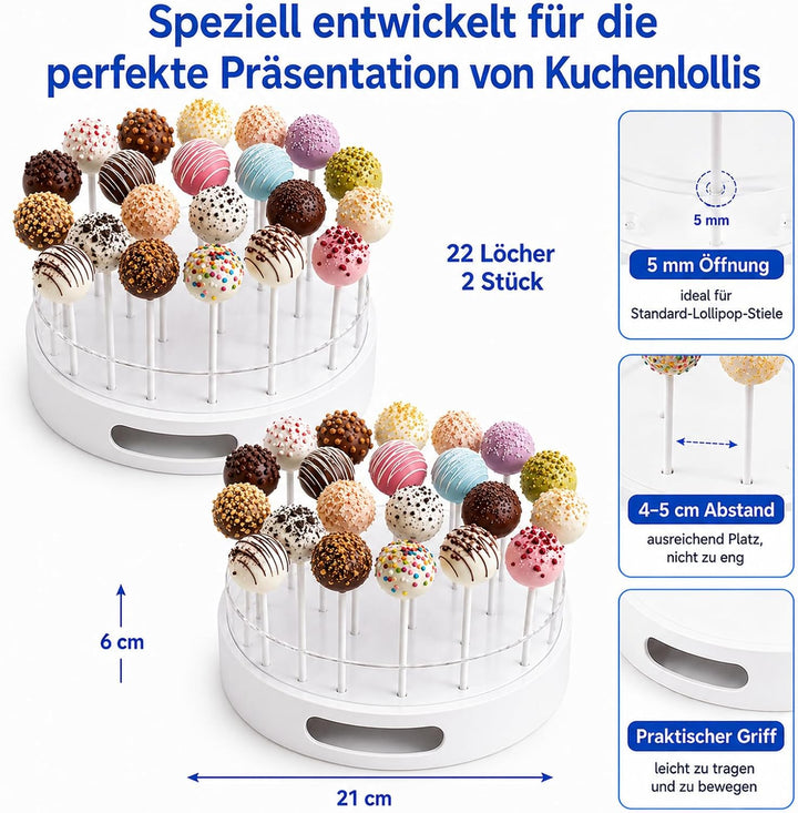 Cake Pop Ständer mit 22 Löchern (2er-Pack) für Cake Pops und Lollipops | Transparenter Cake Pop Halt