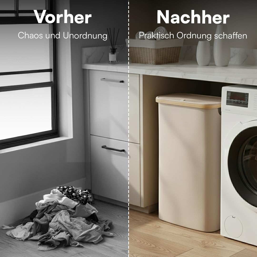 Bellamio Tolt Wäschekorb, Beige, schmaler Wäschesammler 65 L mit Deckel | Wäschesammelbox aus Oxford