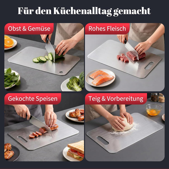 Titan Schneidebrett, 304 Edelstahl, Metall-Schneidebretter in 3 Grössen für Fleisch, Obst & Gemüse,