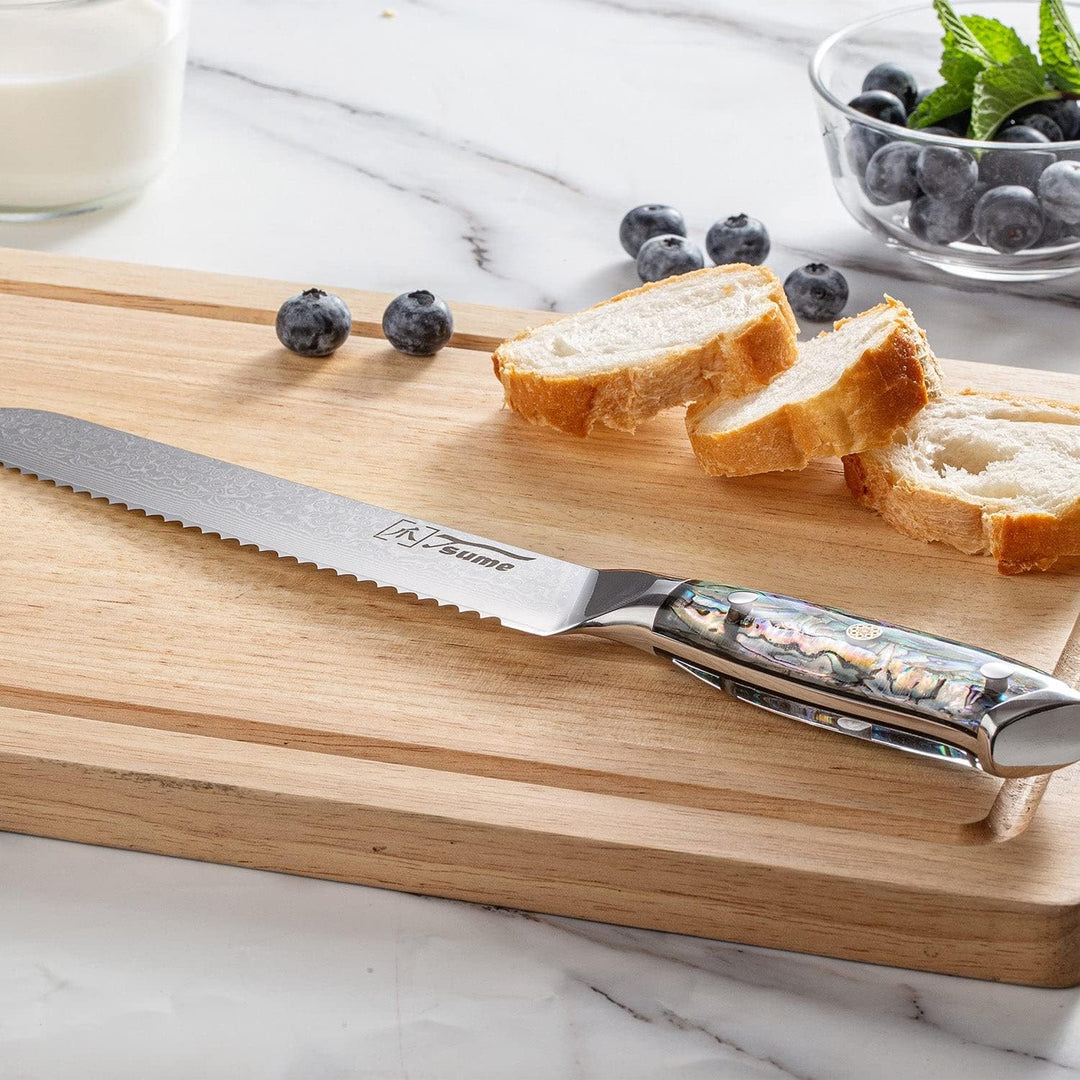 Tsume Brotmesser Abalone, Klingenlänge 19cm, Echtes Damast Küchenmesser mit Perlmuttplatten, 67 Schi