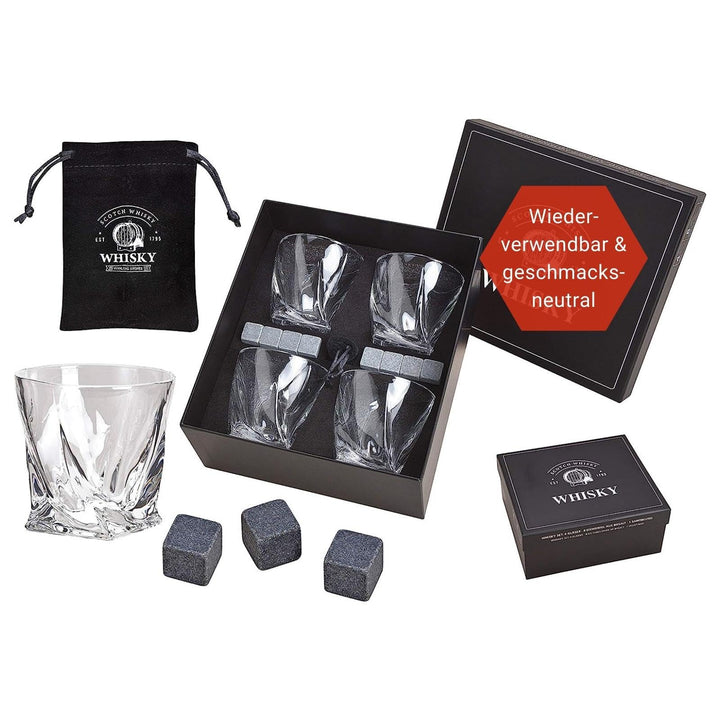 WOMA Whisky Steine Set I 8 Kühlwürfel aus Basalt inkl. Samtbeutel, 4 Whiskey Gläser & hochwertiger H