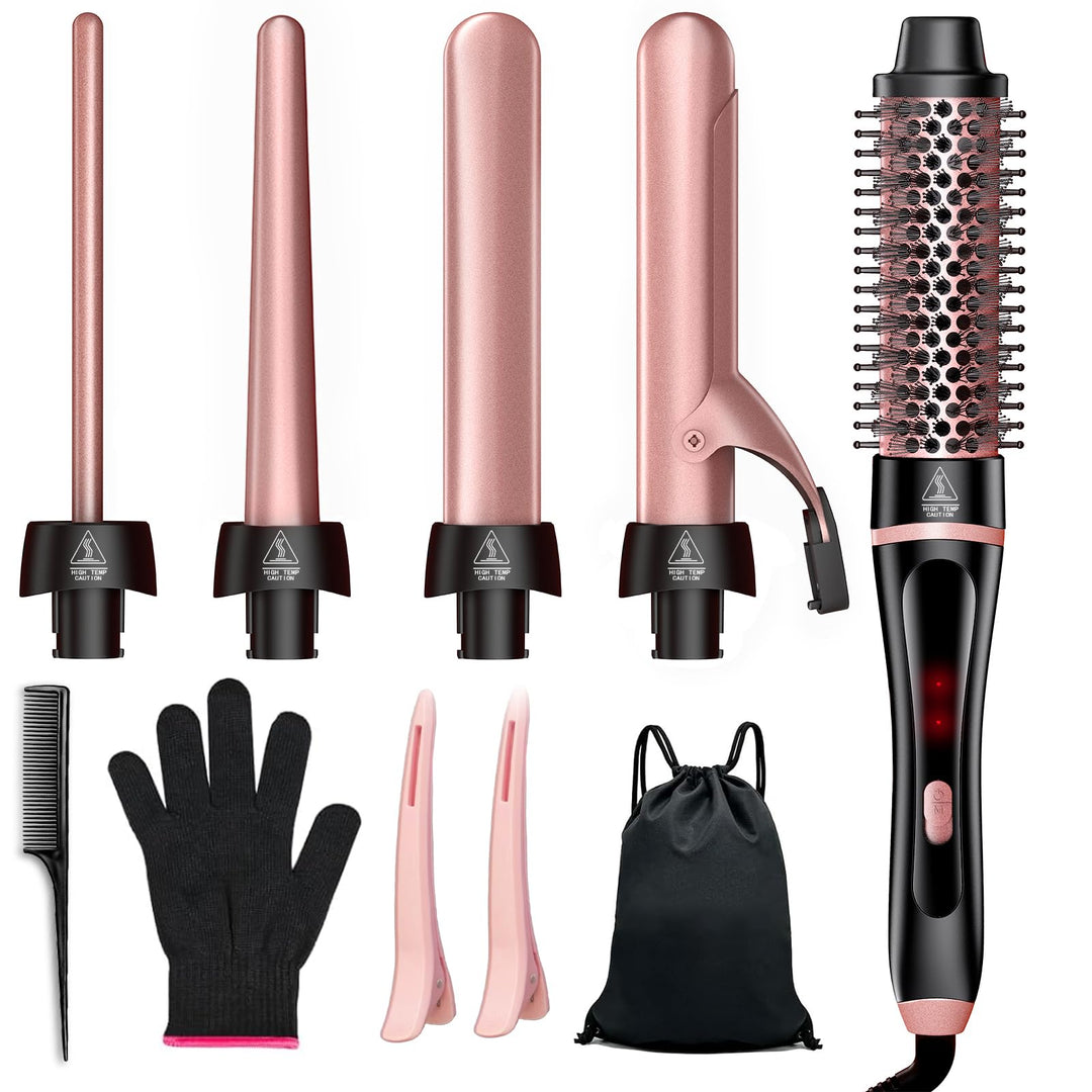 Thermischer Bürste Set 5 in 1, Lockenstäbe Lockenbürste Set mit 4 austauschbaren Keramik Lockenstab