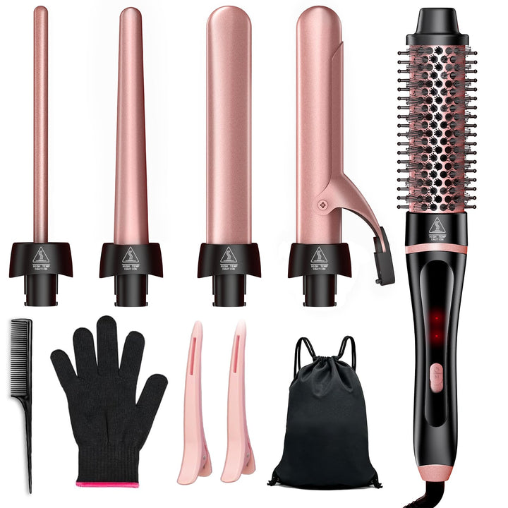 Thermischer Bürste Set 5 in 1, Lockenstäbe Lockenbürste Set mit 4 austauschbaren Keramik Lockenstab