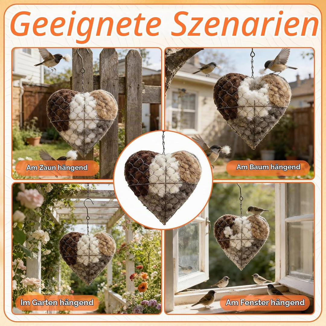 Handgefertigtes Vogelnest Herz, Aufhängen Futterspender Vögel, Vogel Nistmaterial Halter Set mit Met