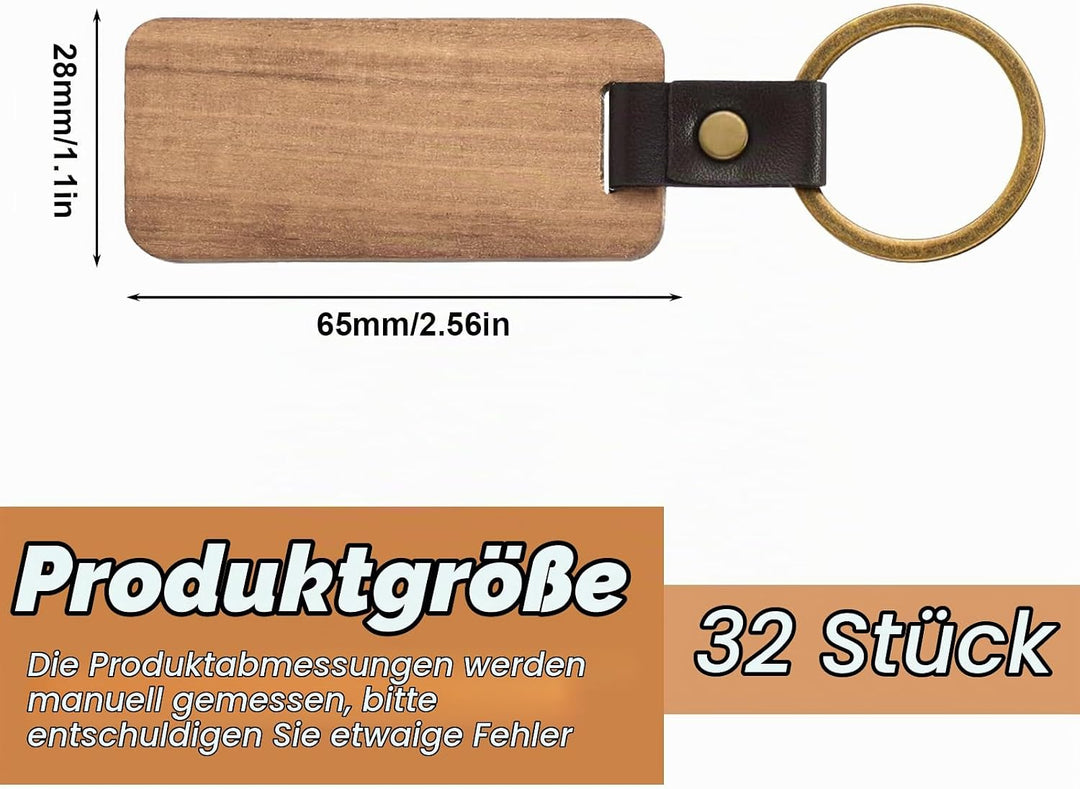 32 Stück Holz Schlüsselanhänger: Buche Mit Ring, Wooden Keychain Rechteckig, Blanko für Malerei Deko