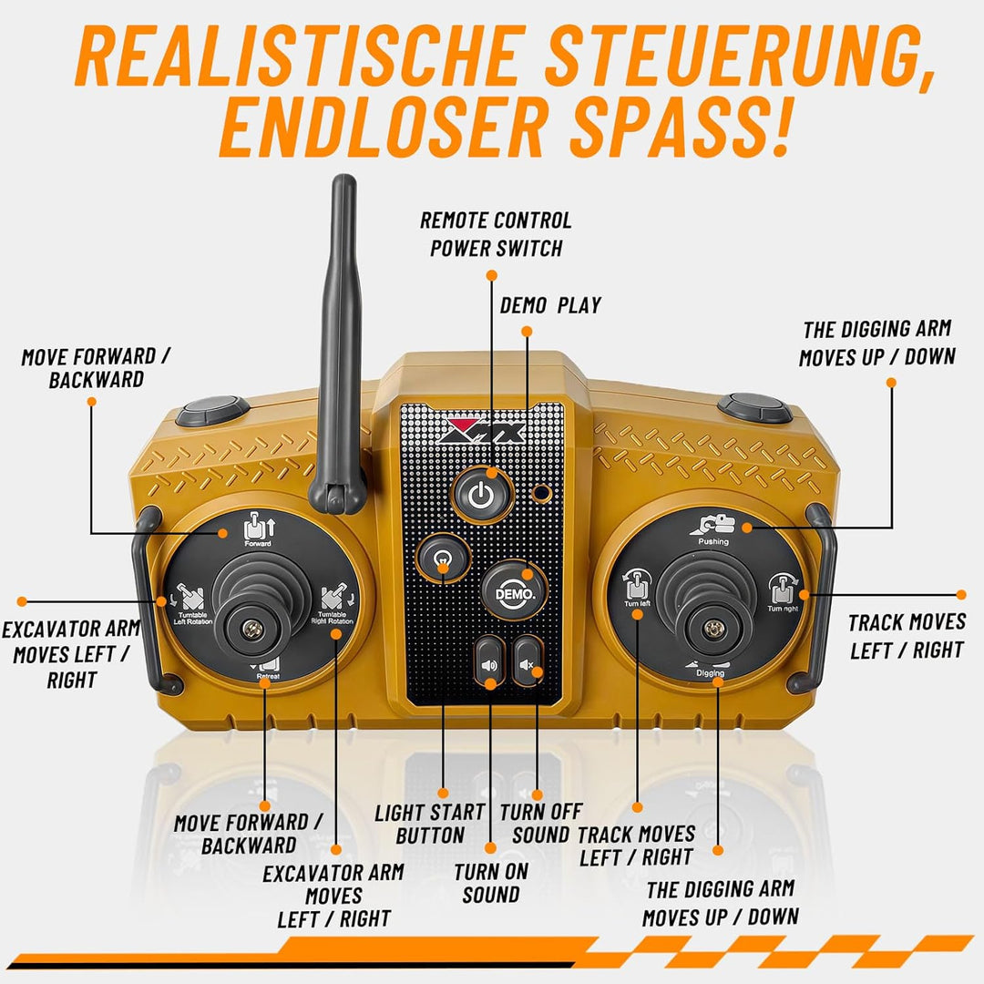 kolegend 3-in-1 Ferngesteuerter Bagger, 14-Kanal RC Bagger Spielzeug mit DREI Metallköpfen, 680° Dre