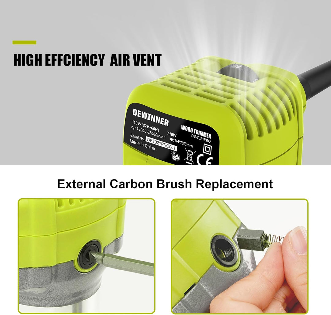 DEWINNER Router 710W Edge Router 13000-33000 RPM 6 Speed Levels 3 Clamps 1/4" and 8mm Professional L