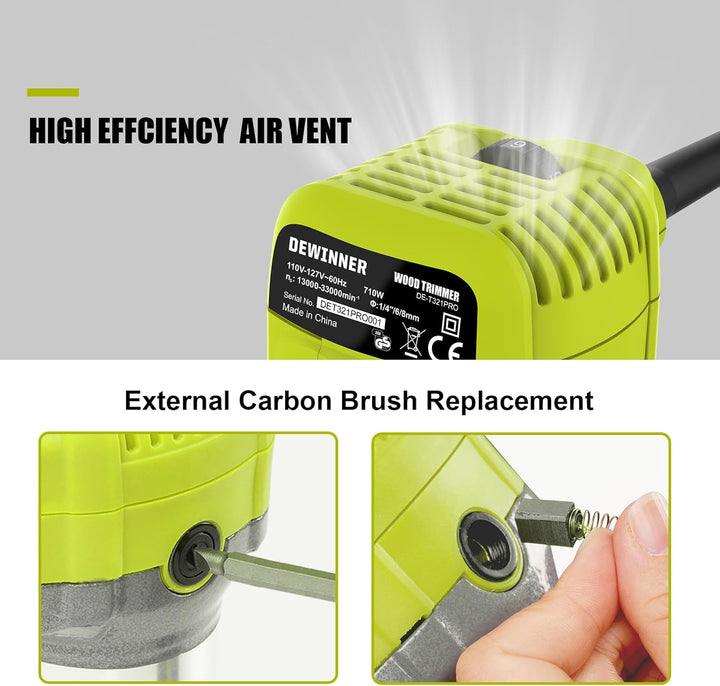 DEWINNER Router 710W Edge Router 13000-33000 RPM 6 Speed Levels 3 Clamps 1/4" and 8mm Professional L