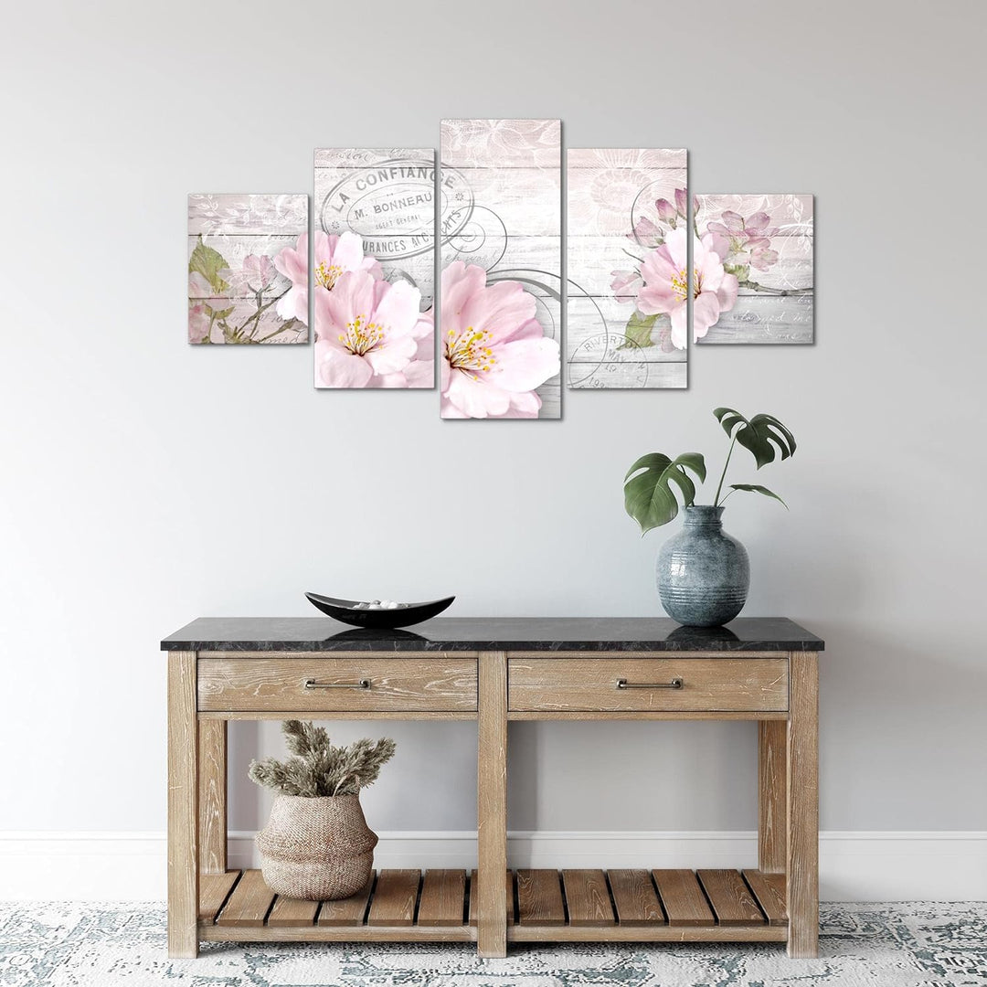 Runa Art Wandbilder Vintage Blumen 5 Teilig Bild auf Vlies Leinwand Deko Wohnzimmer Holzoptik Grau R