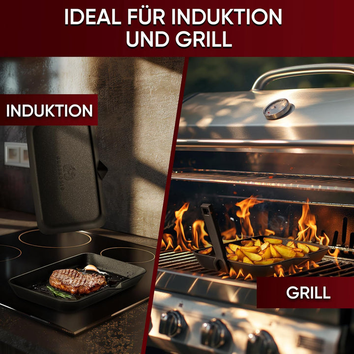 Fajita-Pfanne aus Gusseisen inkl. Sossenschale & Servierbrett aus Akazienholz - Gusseisen Grillpfann