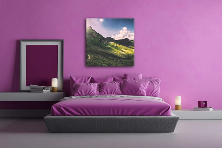 deyoli Sonnenaufgang über grünen Bergen Format: 60x60 als Leinwandbild, Motiv fertig gerahmt auf Ech