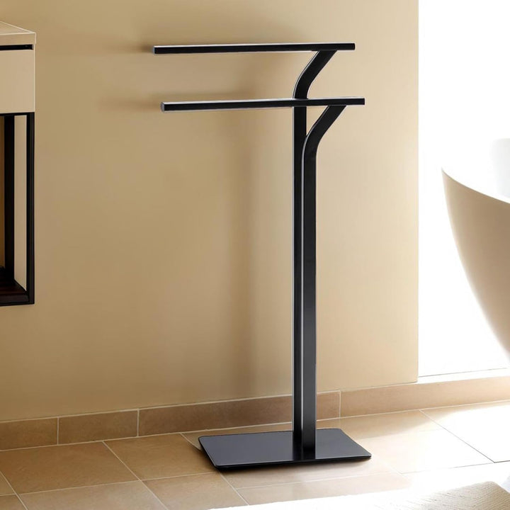 Handtuchhalter LEVIO mit 2 Stangen schwarz - Handtuchständer freistehend für Badezimmer, modern und