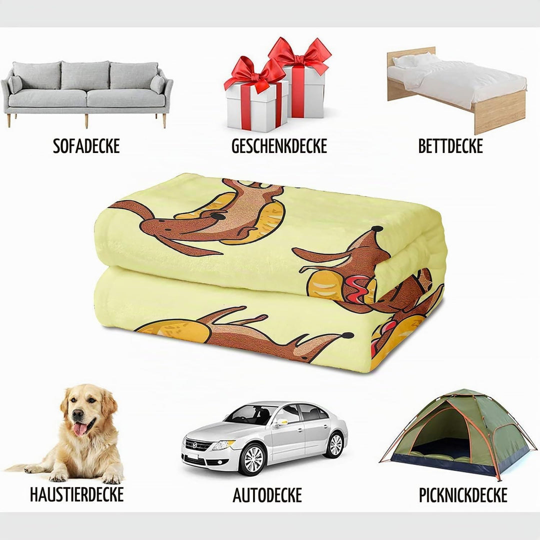 YISUMEI Kuscheldecke mit Dackel Hotdog Spass, Super weiches Fleece, Überwurfdecke für Bettwäsche Cou