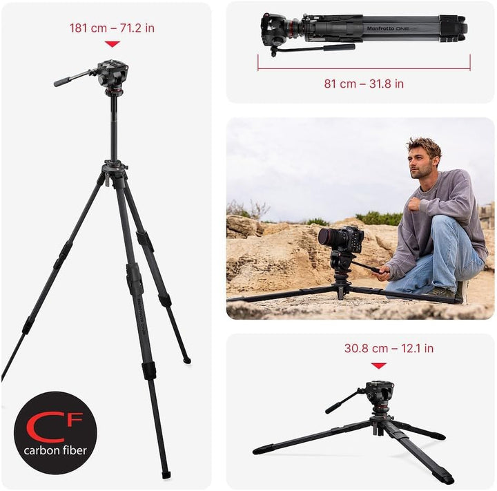 Manfrotto 500X Fluid Videokopf mit ONE Hybrid Carbon Stativ – Foto & Video Stativ Kit, 5kg Traglast,