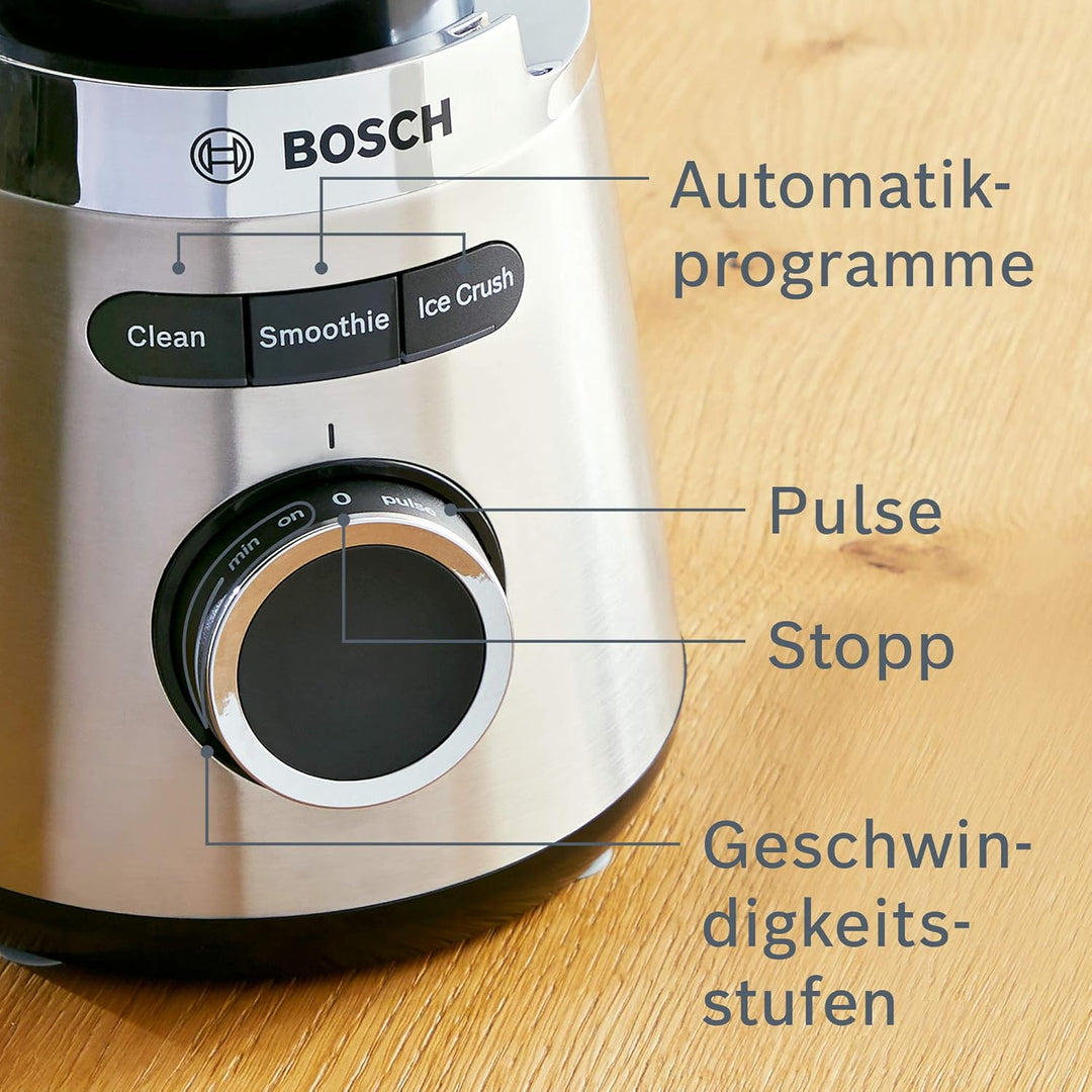 Bosch Standmixer, Smoothie Maker, 30,000 U/min, 1200 W, Edelstahl-Messer, 1,5l ThermoSafe Glasbehält