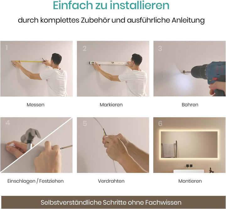 EMKE® Badspiegel mit Beleuchtung 120x60cm LED Wandspiegel 3000K Warmweiss Wandschalter Vertikal/Hori