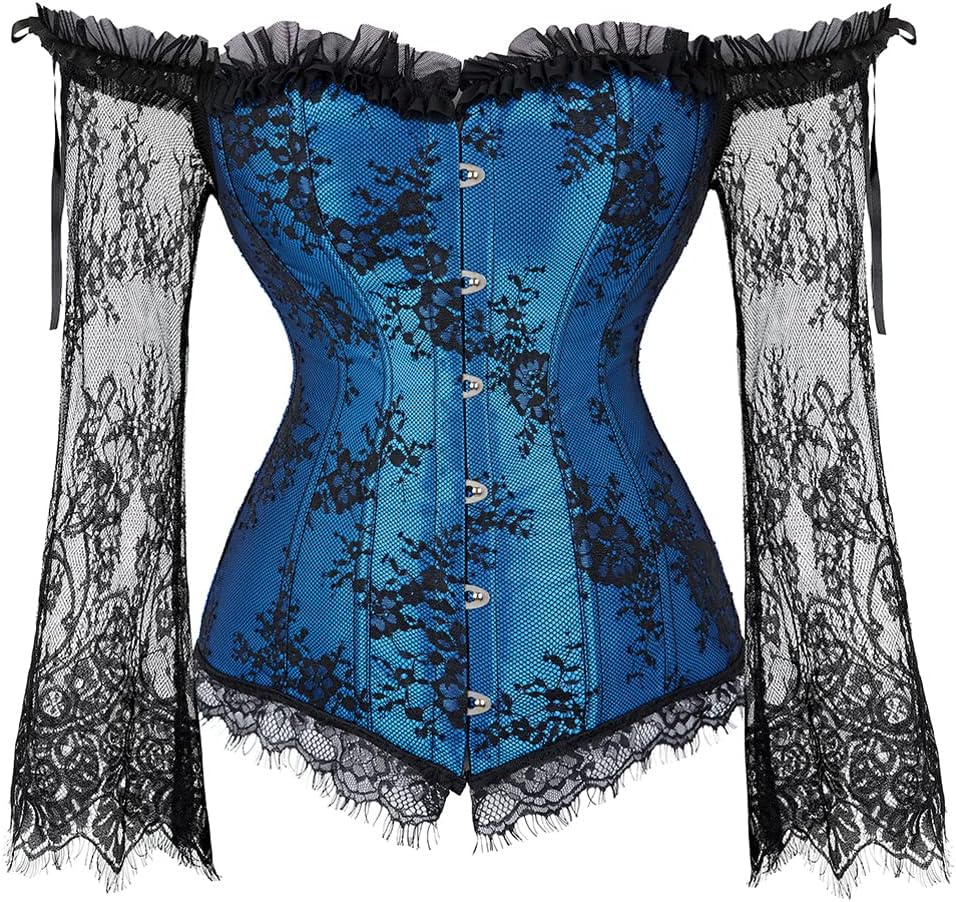 Grebrafan Gothic Korsett Corsage Taillen Korsett Dirndl Bluse Trachten Shirt mit Tüllrock 44-46 Blau