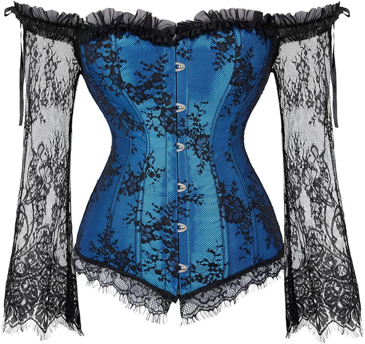 Grebrafan Gothic Korsett Corsage Taillen Korsett Dirndl Bluse Trachten Shirt mit Tüllrock 44-46 Blau