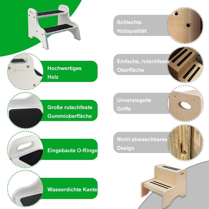 StrongTek Wood 2 Tritthocker für Kinder mit Rutschfester Trittfläche, tragbaren Griffen, rutschfeste