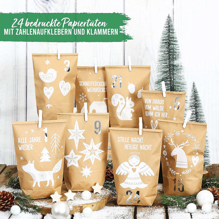 Papierdrachen Adventskalender 2025 zum Befüllen - 24 braune Papiertüten mit Zahlenaufklebern - Motiv