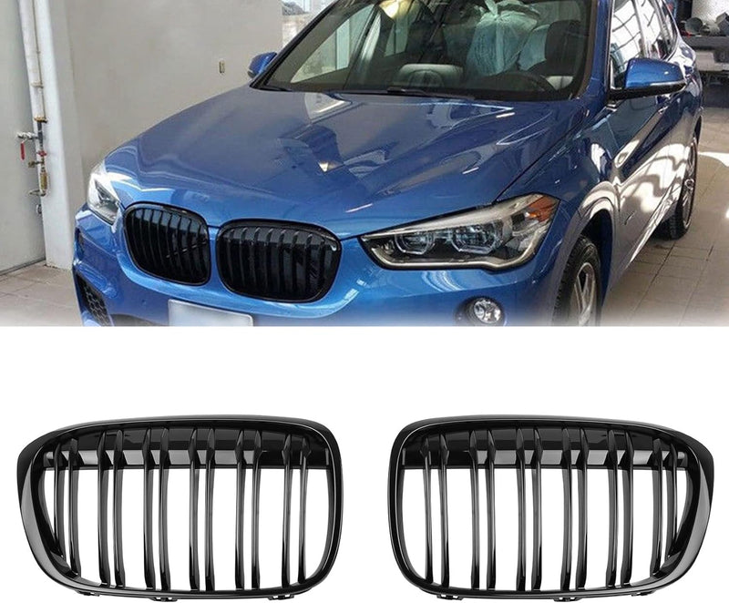 DOCAS Kühlergrill für BMW X1 F48 F49 2016 2017 2018 2019 Nieren Doppelsteg Sport Glanz Schwarz X1 F4