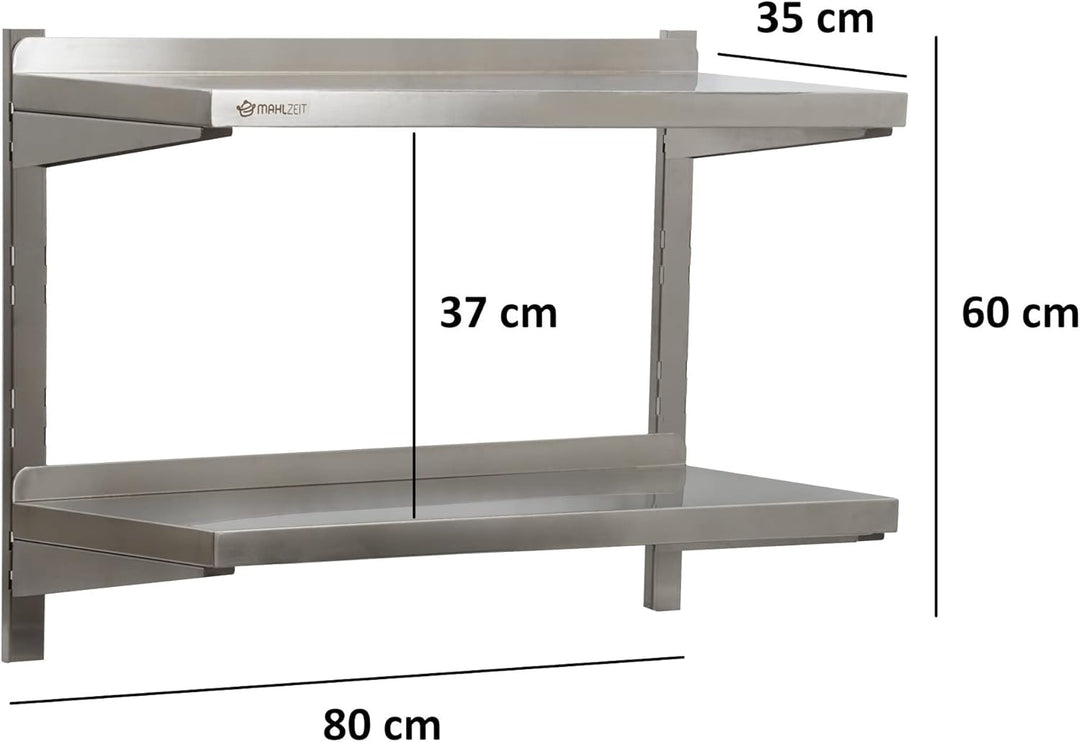 Mahlzeit Edelstahl Wandregal | Küchenregal Hängeregal Wandregal Wandbord Regal (80 x 35 cm - 2 Ablag