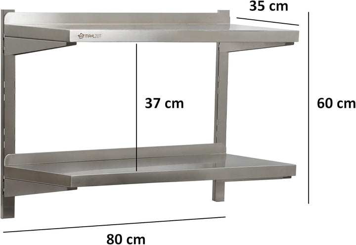 Mahlzeit Edelstahl Wandregal | Küchenregal Hängeregal Wandregal Wandbord Regal (80 x 35 cm - 2 Ablag
