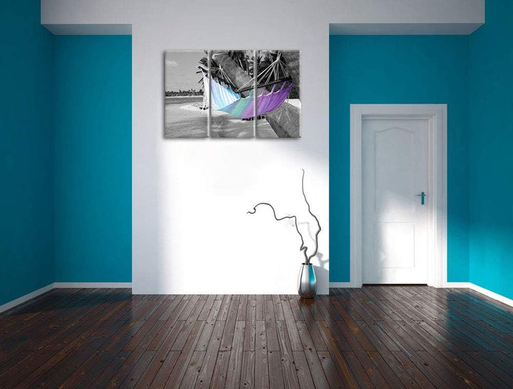 traumhafte Hängematte am Strand schwarz/weiss 3-Teiler Leinwandbild 120x80 Bild auf Leinwand, XXL ri