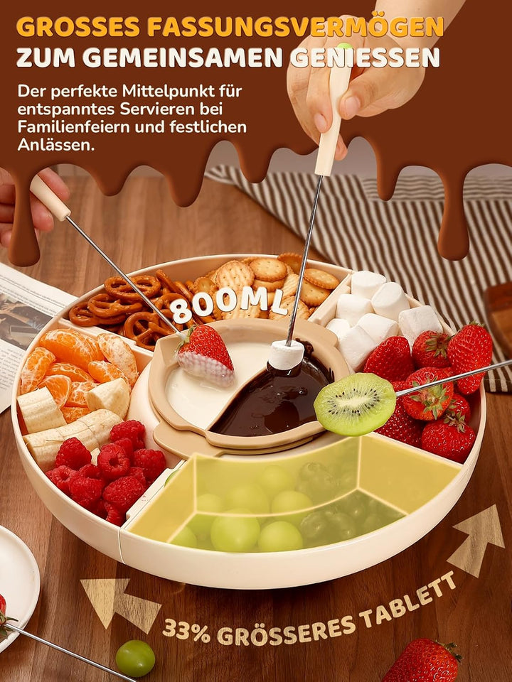 Schokofondue Set elektrisch, 800 ml Schokoladenschmelzer mit drehbarer Servierschale Fondueset, 4 Fä