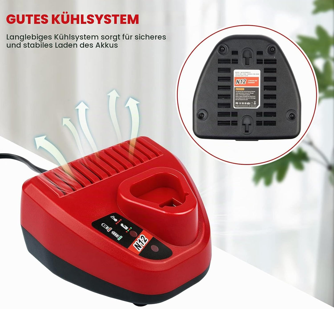 LabTEC 10.8V-12V Ersatz-Ladegerät für Milwaukee M12 Li-Ion Akku, Kompatibel mit Allen M12 Akkus 48-1