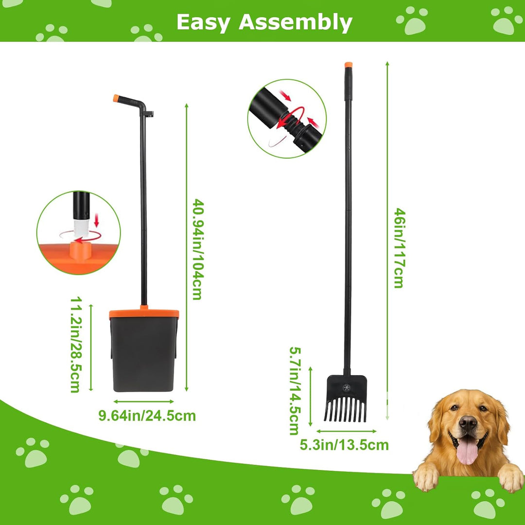 LPQKCcY Hundekotsammler, 104cm Hundekotschaufel Behälter &amp; 117cm Rechen mit Abfallbeuteln, Langer Gr