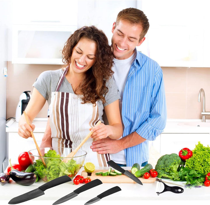 CORESLUX Keramikmesser Set, 4 Keramik Küchenmesser Set mit 1 Sparschäler, Antihaftbeschichtet, Schar