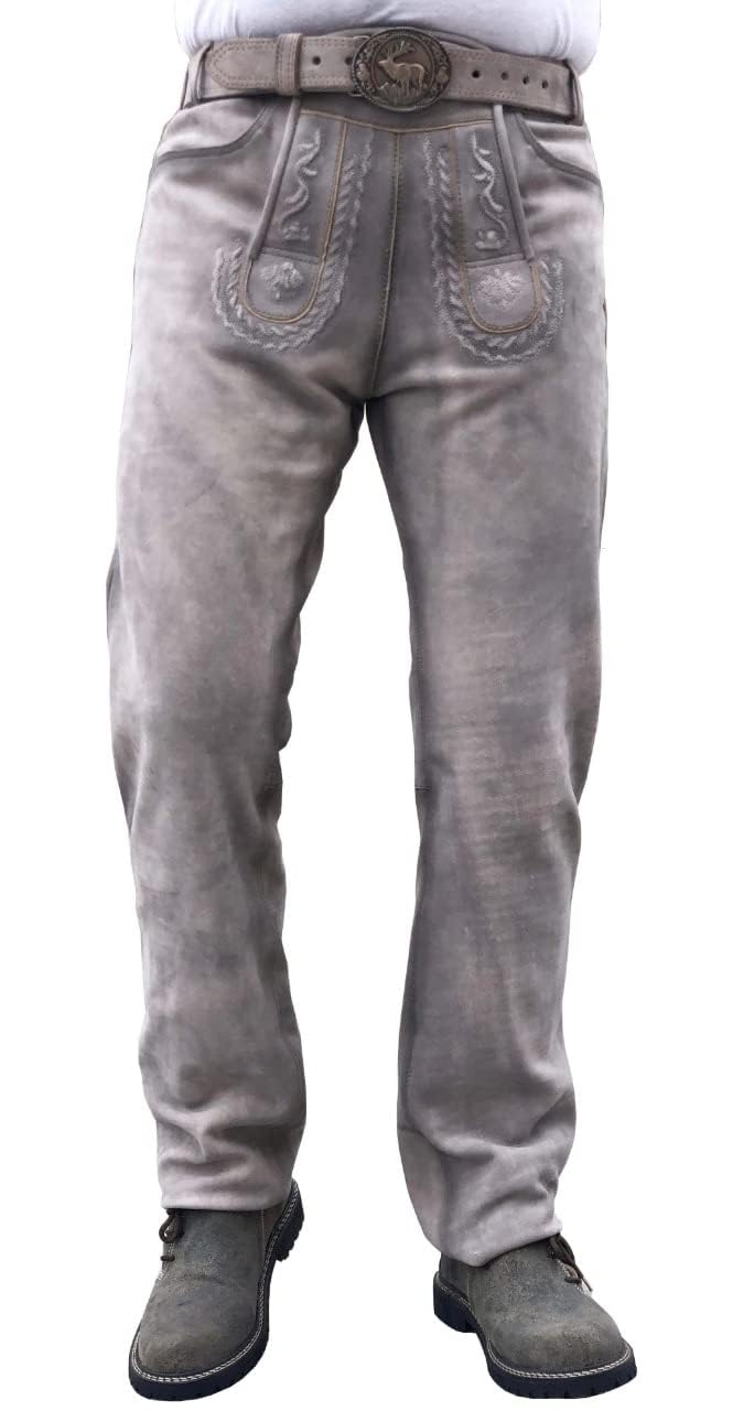 Trachten Lord Unikat Lange Hirschlederhose Soft ECHT-Leder für Männer Antik grau Grösse 46 bis 64 46