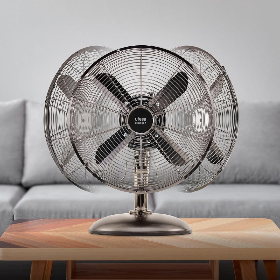 UFESA Michigan Mini Tischventilator Oszillierend, 40W, 3 Geschwindigkeiten, 4 Blätter 30cm, Metallic