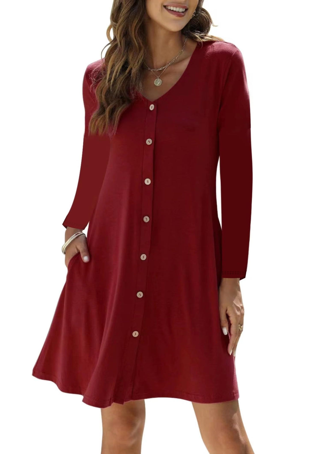 RosyWing Kleid Damen Langarm V-Ausschnitt Einfarbig Knielang Freizeitkleid Knopfleiste A-Linien Midi
