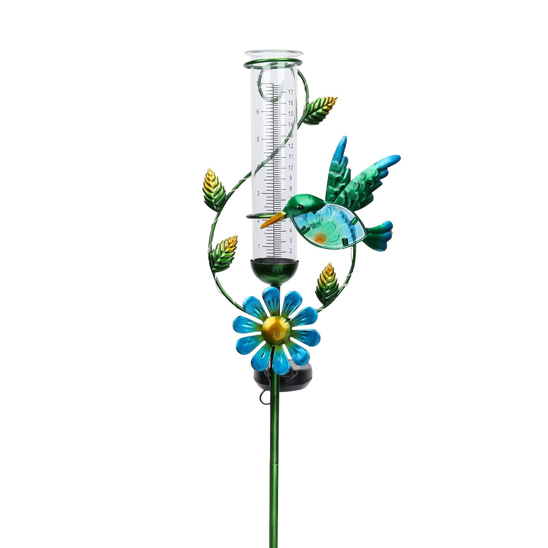 MUMTOP Regenmesser für den Aussenbereich – solarbetriebener Garten-Regenmesser, Metall-Kolibri-Blume