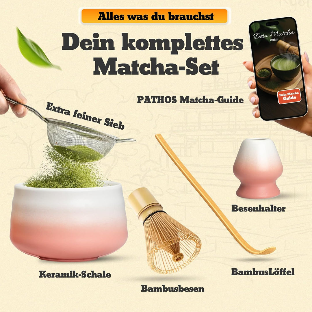 Premium Matcha Set aus Keramik - Traditionelles Matcha-Set mit Matcha Besen und Schale, Sieb und Bes