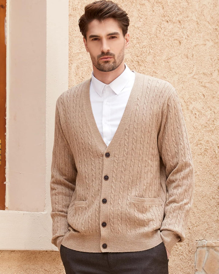Kallspin Herren Strickjacke aus Wollmischung Zopfstrick Cardigan mit Knopfverschluss und Taschen M K