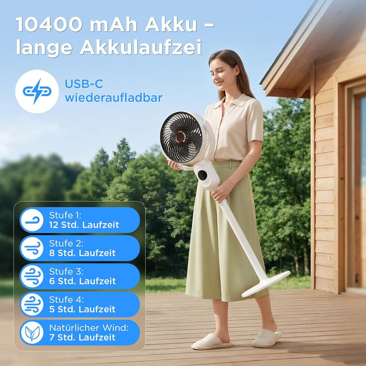 Lepwings Standventilator Leise mit Fernbedienung, 2-in-1 Akkuventilator 10400 mAh, USB-C wiederaufla