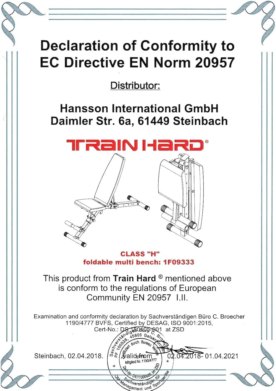TrainHard Deluxe Hantelbank mit Beinhalterung, Sitz- u. Rücklehne verstellbar durch sicheres Gleitsc