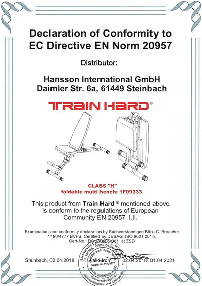 TrainHard Deluxe Hantelbank mit Beinhalterung, Sitz- u. Rücklehne verstellbar durch sicheres Gleitsc