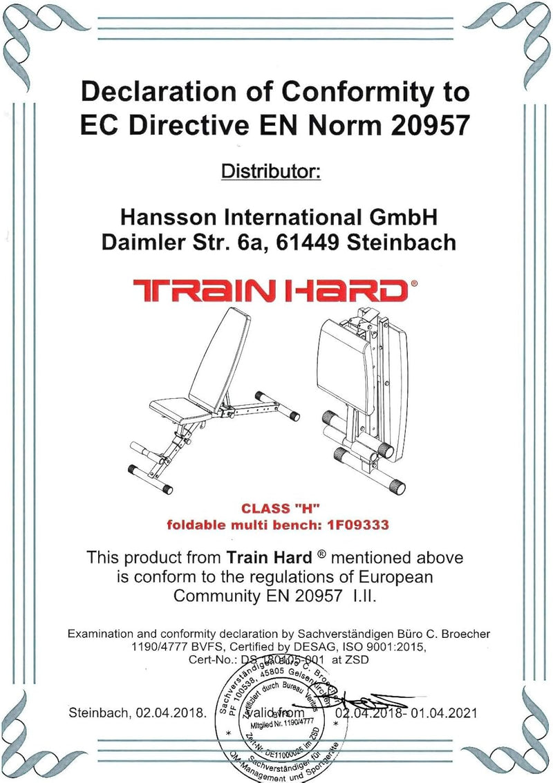 TrainHard Deluxe Hantelbank mit Beinhalterung, Sitz- u. Rücklehne verstellbar durch sicheres Gleitsc