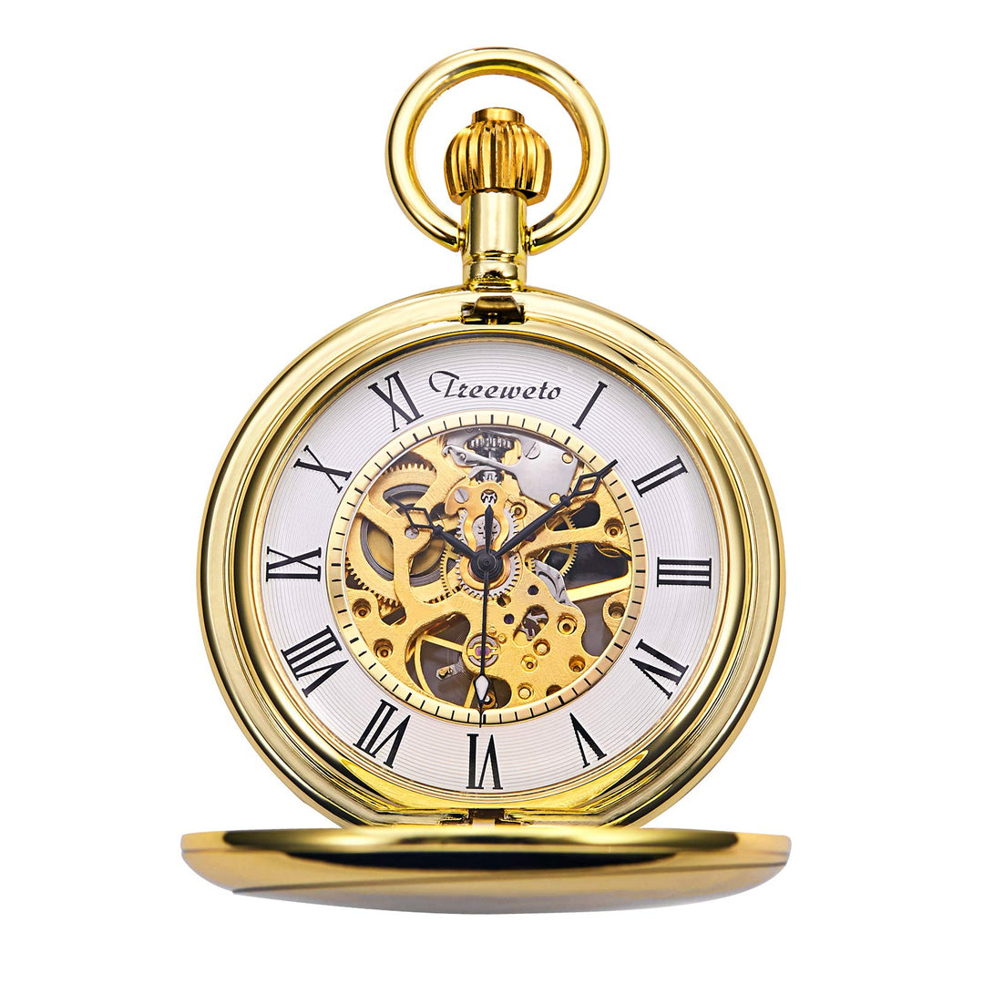 TREEWETO Unisex Taschenuhr mit Kette Analog Handaufzug Skelett Hochglanz Poliert Gold