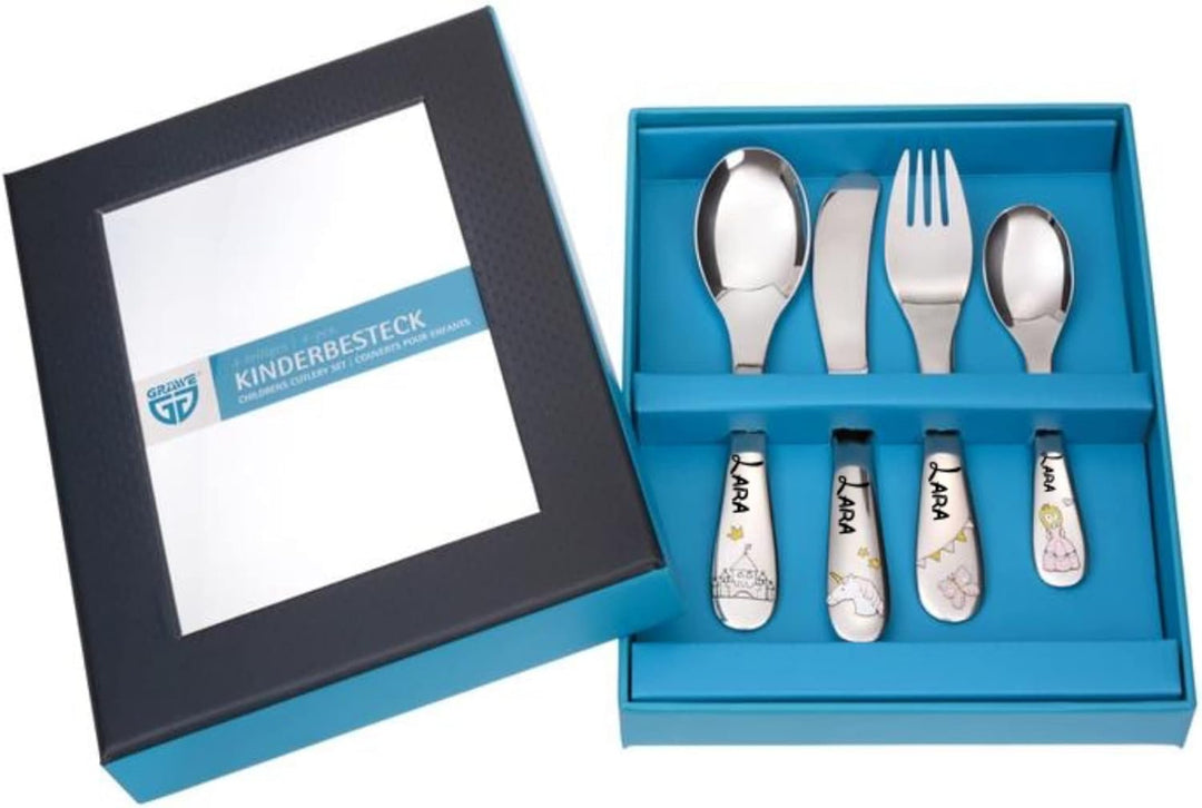 Kinderbesteck Set mit Gravur Name Geburtsdatum 4 teilig aus Edelstahl in edler Holz-Box (mit Motiv,