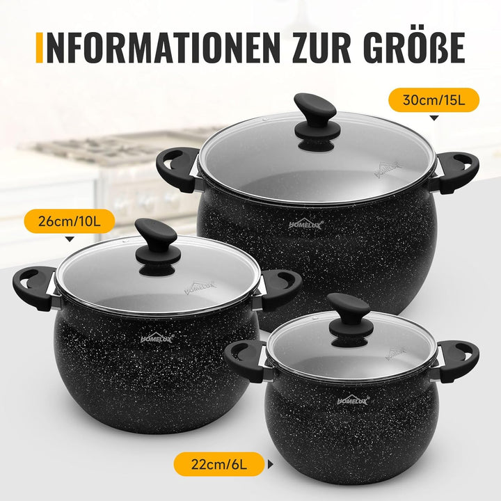 Homelux Topfset induktion mit Glasdeckel, Kochtopf Set 22cm/6L, 26cm/10L, 30cm/15L, mit Antihaftbesc